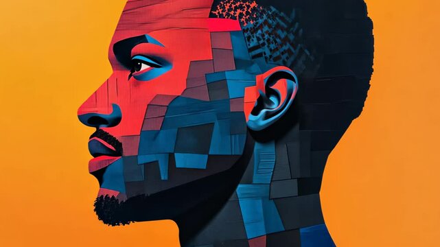 Vibrant Paper Collage of Person with Mosaic Style on Bold Orange Background Reflecting Modern Art and Creativity
