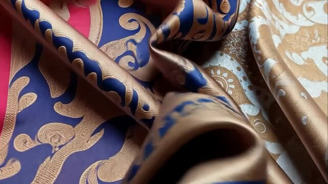 Luxurious silk scarf with intricate patterns in vibrant blue and gold shades