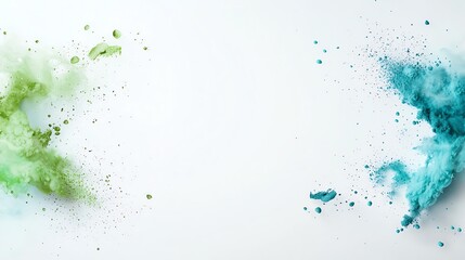 Abstract green and blue powder explosion on white background. Creative splash art for dynamic design projects.