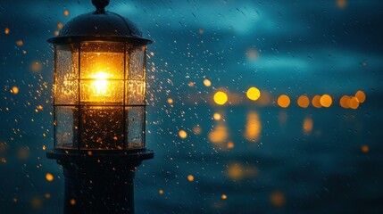 Coastal lamppost rain night bokeh ocean storm