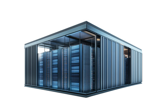A futuristic data center with interconnected blocks, isolated  on Transparent PNG format Background. 