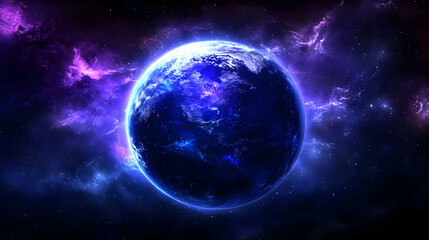 Fototapeta premium A vibrant photo depicts a glowing blue planet against a backdrop of swirling purple and blue nebula