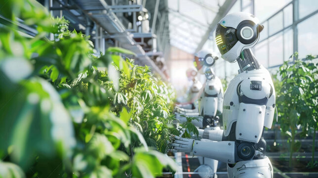 Robots working in industrial greenhouse with fresh natural plants. Concept of growing healthy food, diet, vegetarianism and technology. AI generated.