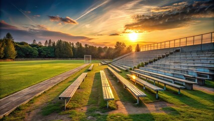 Fototapeta premium Abandoned football field at sunset with empty seats and a deserted atmosphere , stillness, shadowy grounds