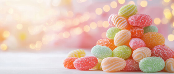 Colorful candy pile with soft bokeh background
