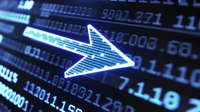 digital screen showing binary data  with blue arrow downward trend