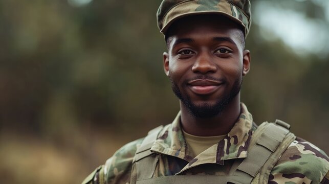 Soldier in a camouflage uniform and helmet, smiling outdoors. Human aspect of military service. AI image.