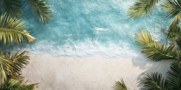 Elevated view of pristine white sands meeting vibrant azure seas, overlaid with elegant typography inviting exploration of this serene coastal paradise