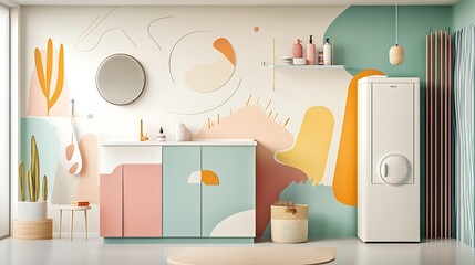 Modern Bathroom Vanity and Refrigerator: Pastel-Colored 3D Interior Design Render AI Generated