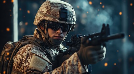 Fototapeta premium Soldier in tactical gear and camouflage uniform holding a rifle. AI generated!