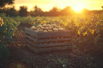 Wooden crate full of freshly harvested potatoes at sunset. Illustrates agricultural harvest, healthy food.