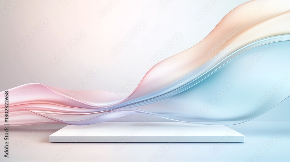 Poster abstract pastel waves flow over a minimalist platform, creating a serene and modern visual display.
