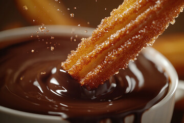 Mouthwatering churros with a crispy sugar-coated surface, dipped into a cup of rich and thick melted chocolate