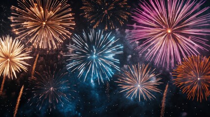 Fototapeta premium Colorful fireworks exploding in the night sky. Concept of celebration, holiday, and new year.