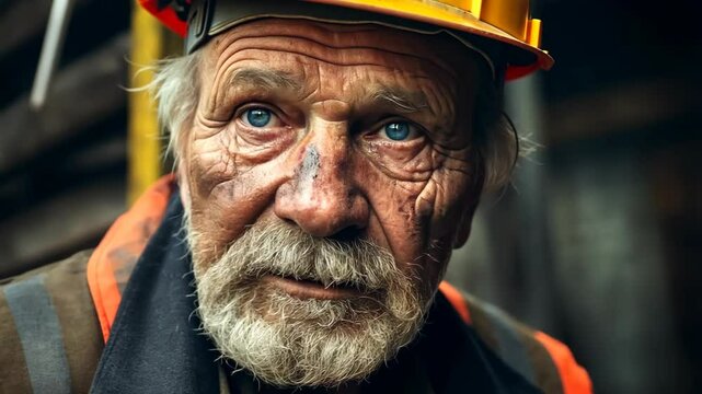dramatic documentary style portrait of a senior old man a construction worker wearing a helmet and uniform on a work site, dirty stain on his face and clothes