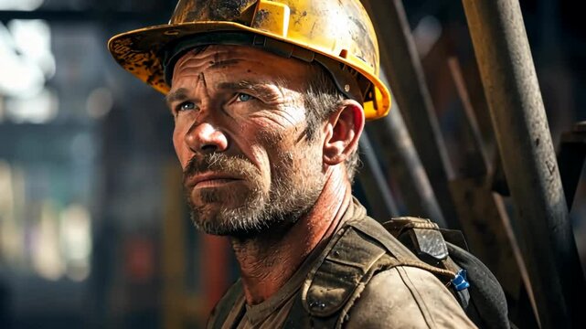 dramatic documentary style portrait of a senior old man a construction worker wearing a helmet and uniform on a work site, dirty stain on his face and clothes