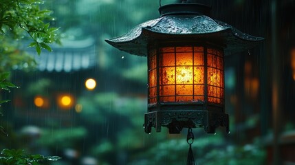 Rain-soaked lantern glows in Asian garden at night