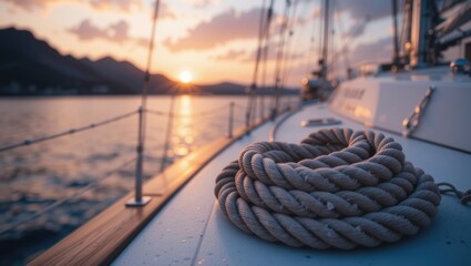 Obraz premium Rope Coiled on a Yacht Deck with Vibrant Sunset Over the Sea and Mountains in Background