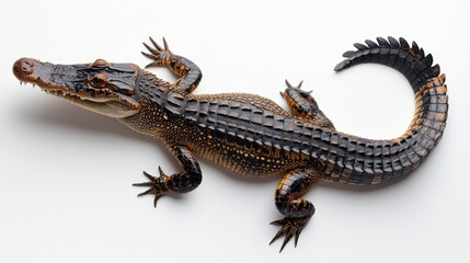 Naklejka premium A striking black and brown alligator, sleekly outlined in naturalistic detail, gazes towards the right while its body stretches to the left, capturing a dynamic tension in a single frame