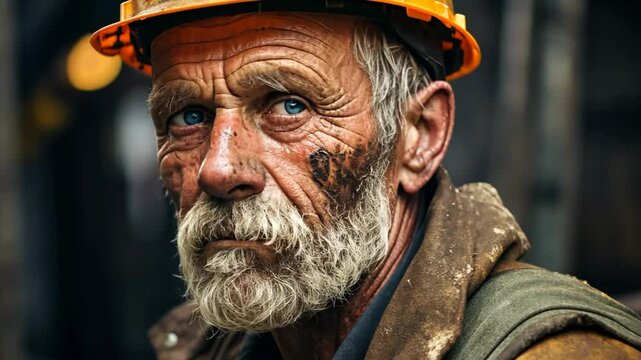 dramatic documentary style portrait of a senior old man a construction worker wearing a helmet and uniform on a work site, dirty stain on his face and clothes