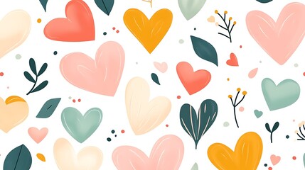 Hand-Drawn Pastel Hearts and Leaves Seamless Pattern Design AI Generated