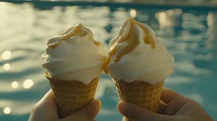 Two Delectable Ice Cream Cones Enjoyed by the Shimmering Pool on a Sunny Summer Day