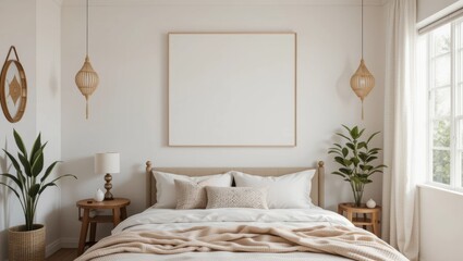 Bright, Minimalist Bedroom Interior with Cozy Bedding and Natural Decor Accents in a Calm Atmosphere
