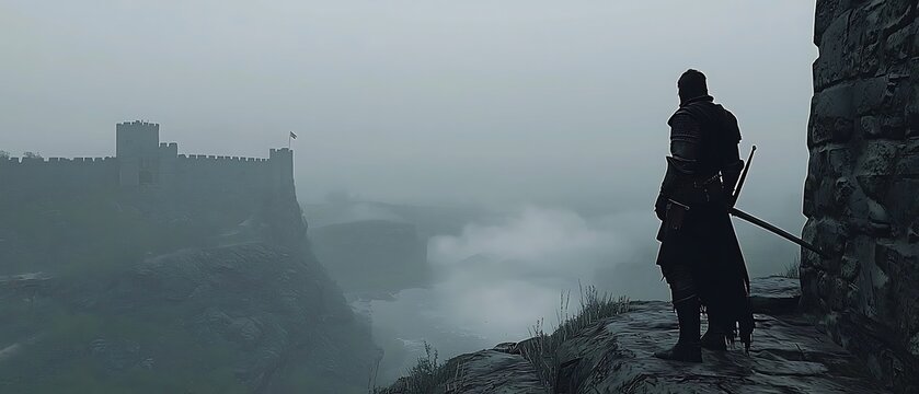 Medieval Knight Contemplating the Fog-Enshrouded Castle Landscape, Embracing the Serenity of Nature's Mysterious Realm