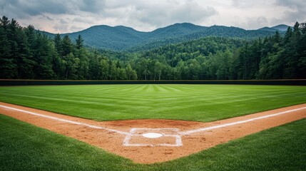 Scenic view of a baseball field with mountains and trees in the background. Perfect for sports, recreation, or outdoor themes.