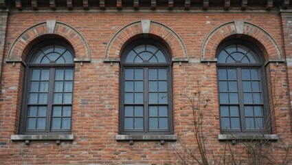 Fototapeta premium Historic Brick Building Featuring Symmetrical Arched Windows with Detailed Stone Trim