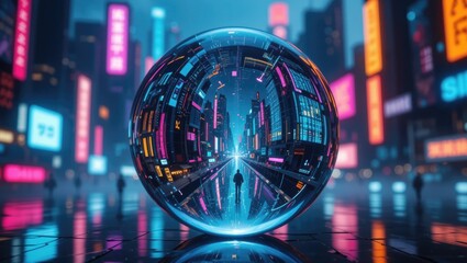 Futuristic Cityscape with Neon Lights Reflected in a Crystal Sphere at Night