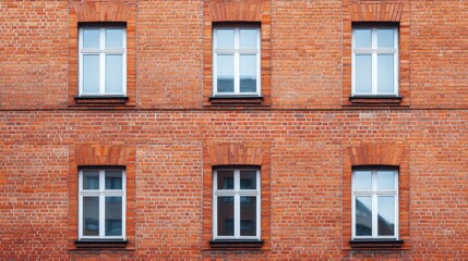 Facade of a building with red brick walls and white windows. Architecture concept.