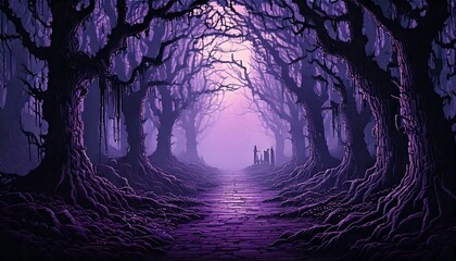 レトロゲーム風の自然のピクセルアート背景（闇に包まれた森） Generative AI