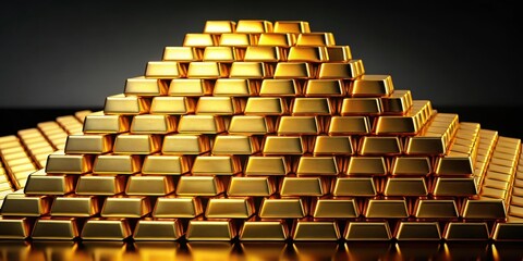 Piles of gold bullion bars stacked on black background, rows of shiny gold bars in a vertical column