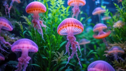 Colorful Jellyfish Swimming Gracefully Among Lush Underwater Flora in a Tranquil Ocean Environment