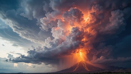 Explosive Volcano Eruption with Lightning and Dramatic Clouds Under a Fiery Sky