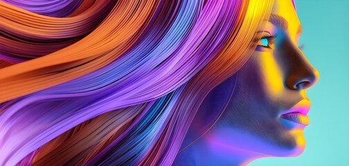 Colorful abstract 3D rendering of dynamic hairs in vibrant rainbow colors