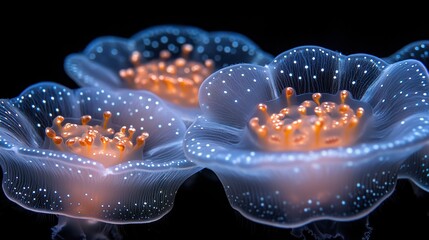 Fluorescent jellyfish aquarium close-up, dark background, nature, science