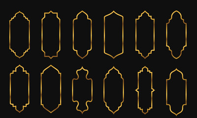 Set of 12 Islamic ornamental frames. Arabic-style golden borders with elegant geometric shapes on black background. Vector collection for invitation, greeting card, and decorative design