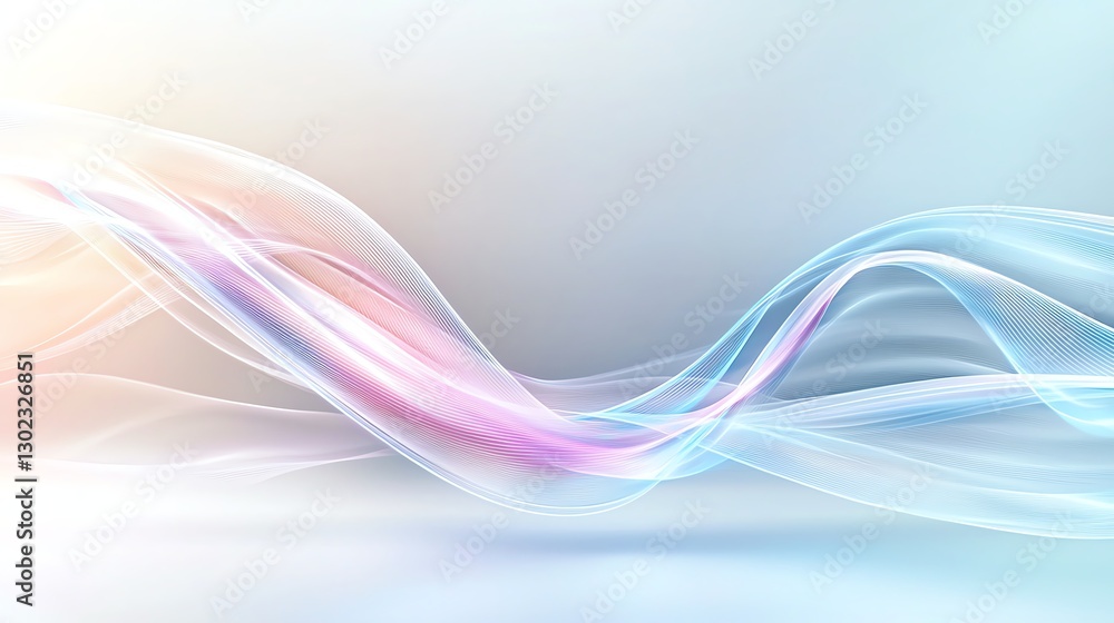 Poster abstract waves of blue and pink light on a white background, creating a dynamic flow and serene atmo