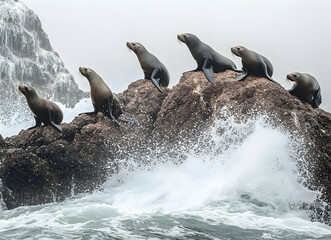 Fototapeta premium A Captivating Glimpse of Marine Mammals, Six Majestic Sea Lions Perched on Rocky Outcrop Enduring Powerful Ocean Waves Against a Misty Backdrop