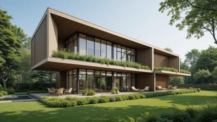 Modern Sustainable House with Large Glass Windows and Lush Greenery in a Serene Landscape