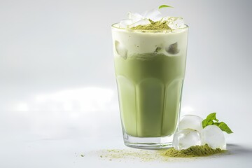 Fototapeta premium a glass of iced cubes with matcha latte with whipped cream