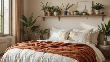 Cozy Bedroom with Plants, Textured Blankets and Warm Tones in Modern Interior Design