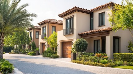 Fototapeta premium Twin houses in a gated community with luxury amenities, Real Estate Twin House, secure upscale living
