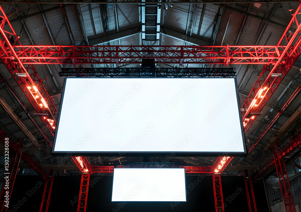 Poster a captivating view of an event stage with blank screens, illuminated by red lights and supported by 