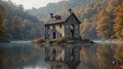 Fototapeta premium Abandoned Stone House Surrounded by Vibrant Autumn Foliage Reflected in Calm Lake