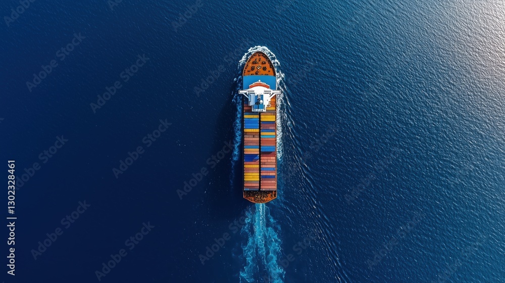 Poster aerial view of a container ship navigating the open ocean with colorful cargo boxes on deck for mari