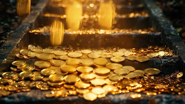 gold coins falling down on stair way to success