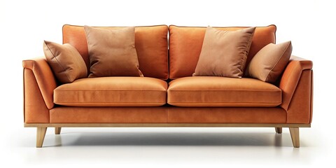 Minimalist Terracotta & Camel Loveseat with Soft Cushions - Warm Interior Design Stock Photo